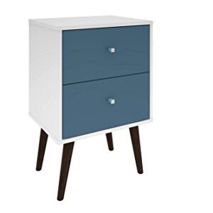 Manhattan Comfort Liberty Collection Mid Century Modern Nightstand With Two Drawers, Splayed Legs, White/Blue