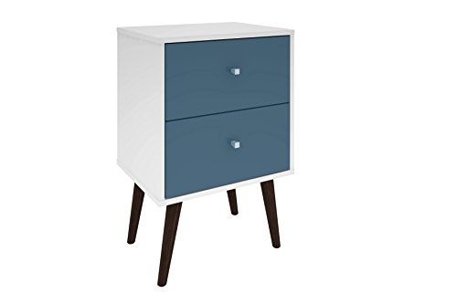 Manhattan Comfort Liberty Collection Mid Century Modern Nightstand With Two Drawers, Splayed Legs, White/Blue