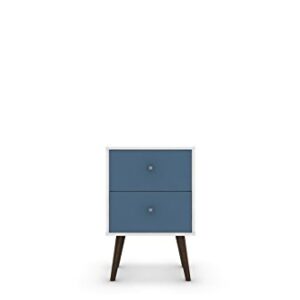 Manhattan Comfort Liberty Collection Mid Century Modern Nightstand With Two Drawers, Splayed Legs, White/Blue