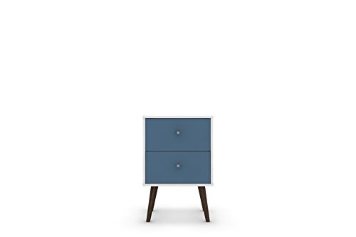 Manhattan Comfort Liberty Collection Mid Century Modern Nightstand With Two Drawers, Splayed Legs, White/Blue