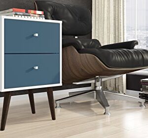 Manhattan Comfort Liberty Collection Mid Century Modern Nightstand With Two Drawers, Splayed Legs, White/Blue