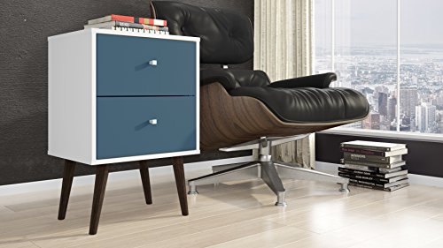 Manhattan Comfort Liberty Collection Mid Century Modern Nightstand With Two Drawers, Splayed Legs, White/Blue