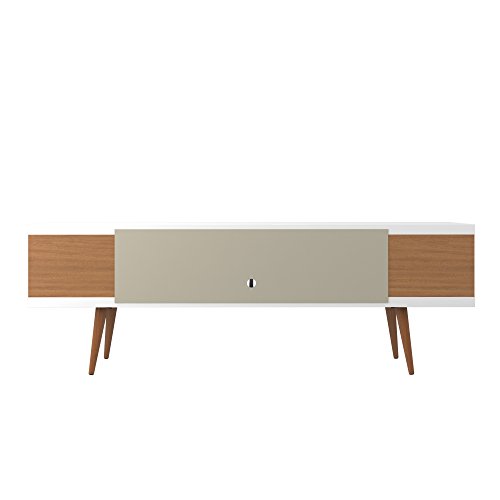 Manhattan Comfort Utopia Collection Mid Century Modern TV Stand With Open 3 Open Shelves and Two Open Cubbies, White/Wood