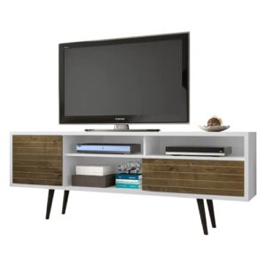 manhattan comfort liberty mid-century modern living room tv stand with shelves and a cabinet with splayed legs, 202amc: 70.86 inch, white