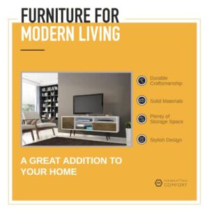 Manhattan Comfort Liberty Mid-Century Modern Living Room TV Stand with Shelves and a Cabinet with Splayed Legs, 202AMC: 70.86 Inch, White
