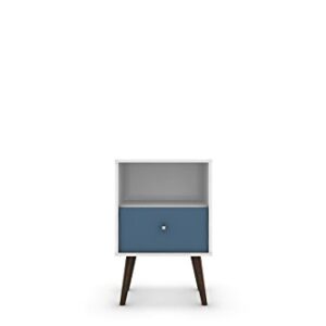 Manhattan Comfort Liberty Collection Mid Century Modern Nightstand With One Open Shelf and One Drawer, Splayed Legs, White/Blue