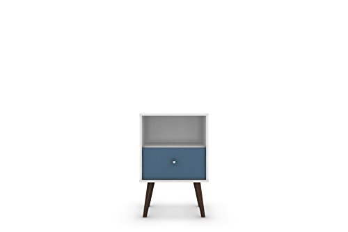 Manhattan Comfort Liberty Collection Mid Century Modern Nightstand With One Open Shelf and One Drawer, Splayed Legs, White/Blue
