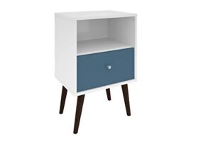 manhattan comfort liberty collection mid century modern nightstand with one open shelf and one drawer, splayed legs, white/blue