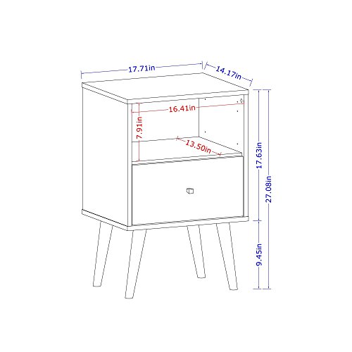 Manhattan Comfort Liberty Collection Mid Century Modern Nightstand With One Open Shelf and One Drawer, Splayed Legs, White/Blue