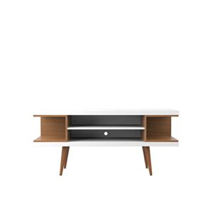 manhattan comfort utopia collection mid century modern tv stand with open 3 open shelves and two open cubbies, white/wood