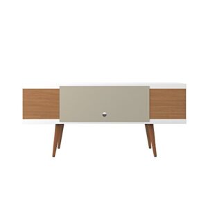 Manhattan Comfort Utopia Collection Mid Century Modern TV Stand With Open 3 Open Shelves and Two Open Cubbies, White/Wood