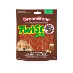 dreambone twist/treat/chew sticks peanut butter 50 pk, pack/bundle of 2 (100 treats total)