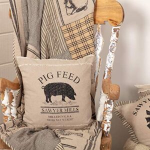 vhc brands sawyer mill pig nature print chambray cotton farmhouse bedding stenciled square 18x18 filled pillow, one size, khaki tan