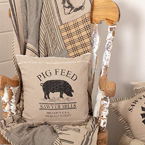 VHC Brands Sawyer Mill Pig Nature Print Chambray Cotton Farmhouse Bedding Stenciled Square 18x18 Filled Pillow, One Size, Khaki Tan