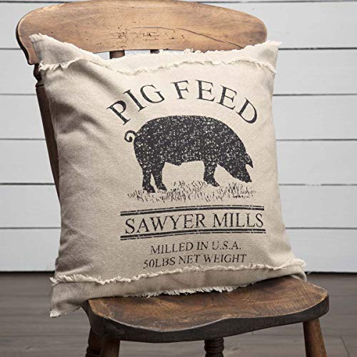 VHC Brands Sawyer Mill Pig Nature Print Chambray Cotton Farmhouse Bedding Stenciled Square 18x18 Filled Pillow, One Size, Khaki Tan