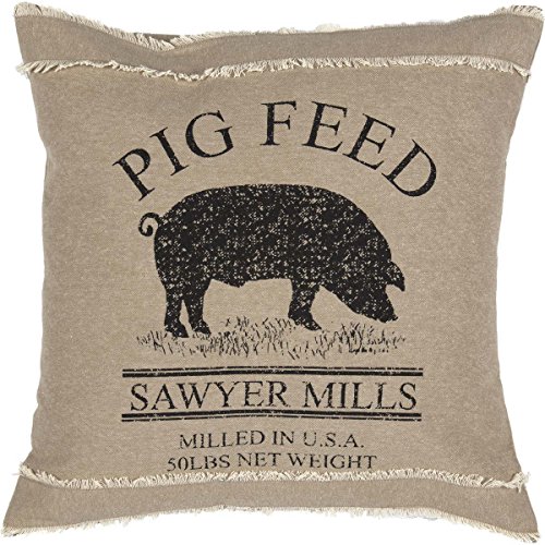 VHC Brands Sawyer Mill Pig Nature Print Chambray Cotton Farmhouse Bedding Stenciled Square 18x18 Filled Pillow, One Size, Khaki Tan