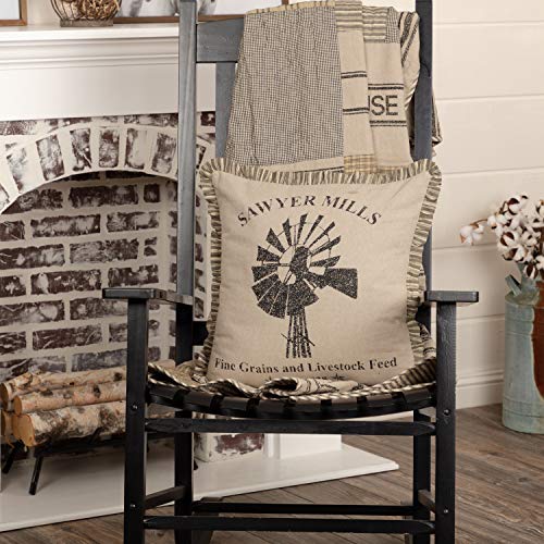 VHC Brands Farmhouse Pillows & Throws-Sawyer Mill Tan 18" x 18" Pillow, 18x18, Windmill Charcoal