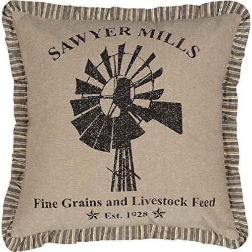 VHC Brands Farmhouse Pillows & Throws-Sawyer Mill Tan 18" x 18" Pillow, 18x18, Windmill Charcoal