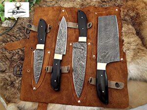 4 pieces chef knives set, slicer, chef, cleaver overall 37 inches full tang hand forged damascus steel blade, custom made leather sheath