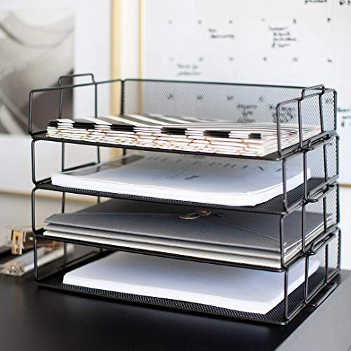 Blu Monaco Desk Organizers and Accessories Stackable Paper Tray - 4 Tier Stackable Letter Trays - Black Metal Mesh File Holder Organizer