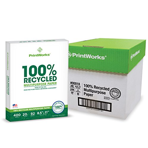 Printworks 100 Percent Recycled Multipurpose Paper, 20 Pound, 92 Bright, 8.5 x 11 Inches, White, 6 Reams 2400 sheets (00018C)