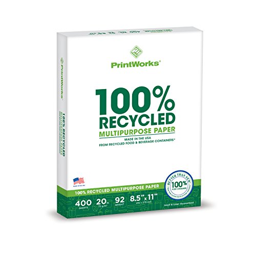 Printworks 100 Percent Recycled Multipurpose Paper, 20 Pound, 92 Bright, 8.5 x 11 Inches, White, 6 Reams 2400 sheets (00018C)