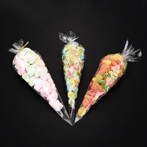 GOETOR Cone Bag 100 PCS Clear Cello Treat Bags Gift Wrap Cellophane Bags 7 x15 Inch Triangle Goody Bags with Twist Ties for Favor Christmas Popcorn Candies Handmad