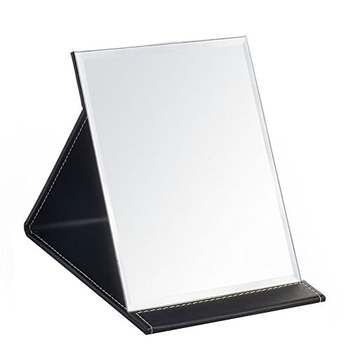 JOLY Protable PU Leather Mirror Folding Desktop Makeup Mirror with Adjustable Stand for Personal Use,Travelling (S, Black)