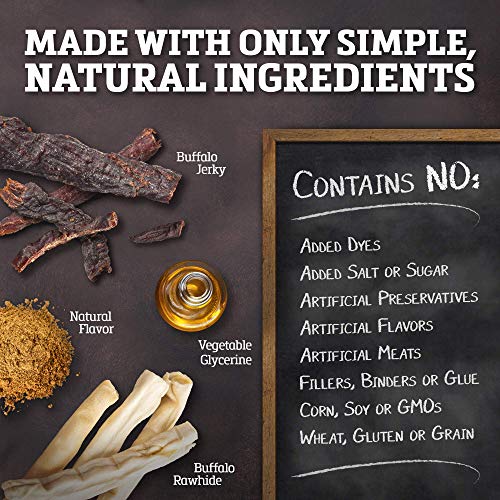 Buffalo Range Rawhide Dog Treats | Healthy, Grass-Fed Buffalo Jerky Raw Hide Chews | Hickory Smoked Flavor | Jerky Bone, 6 Count