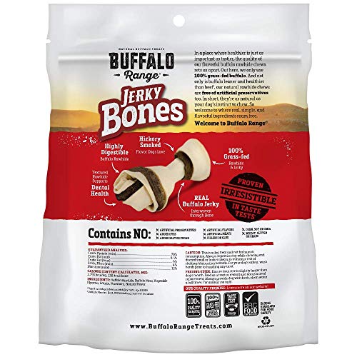 Buffalo Range Rawhide Dog Treats | Healthy, Grass-Fed Buffalo Jerky Raw Hide Chews | Hickory Smoked Flavor | Jerky Bone, 6 Count
