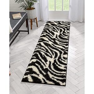 well woven modern animal print 2x7 (2'' x 7'3'' runner) area rug shag zebra black& ivory plush easy care thick soft plush living room