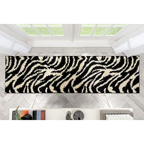 Well Woven Modern Animal Print 2x7 (2'' x 7'3'' Runner) Area Rug Shag Zebra Black& Ivory Plush Easy Care Thick Soft Plush Living Room