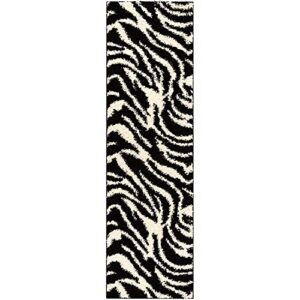 Well Woven Modern Animal Print 2x7 (2'' x 7'3'' Runner) Area Rug Shag Zebra Black& Ivory Plush Easy Care Thick Soft Plush Living Room