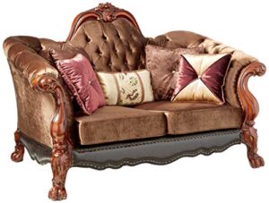 acme dresden loveseat w/5 pillows - 52096 - golden brown velvet & cherry oak