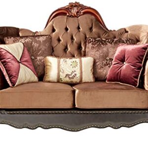 ACME Dresden Loveseat w/5 Pillows - 52096 - Golden Brown Velvet & Cherry Oak