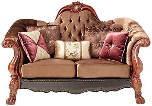 ACME Dresden Loveseat w/5 Pillows - 52096 - Golden Brown Velvet & Cherry Oak