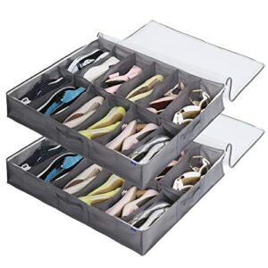 surblue under bed shoe storage organizer underbed shoes closet storage solution 2 metal zippers and 3 handles with clear cover for men's and women's shoes fits 24 pairs of shoes， set of 2, grey