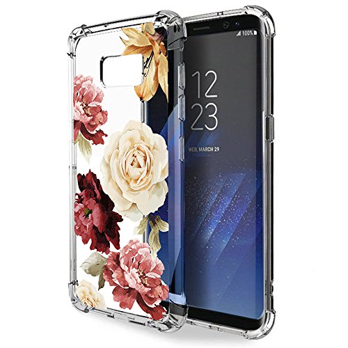 KIOMY Galaxy S8 Case, Crystal Clear Case with Design Rose Flowers Pattern Print Bumper Protective Shockproof Case for Samsung Galaxy S8 Flexible Soft Gel Silicone TPU Floral Cover for Girls Women