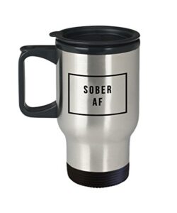 hollywood & twine sober af stainless steel insulated travel mug with lid coffee cup funny sobriety gift for men & women - one year sober sobriety anniversary