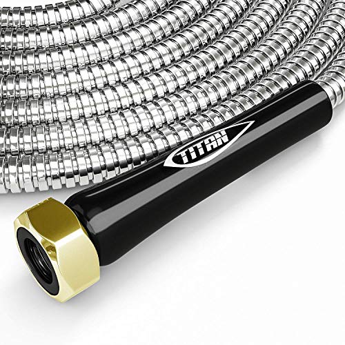 TITAN 25FT Metal Garden Hose - Flexible Water Hose with Solid 3/4" Brass Connectors 360 Degree Brass Jet Sprayer Nozzle - Lightweight Kink Free Strong and Durable Heavy Duty 304 Stainless Steel