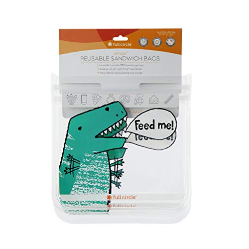 Full Circle Ziptuck Reusable Multi-Use Leak Food-Safe Storage, BPA-Free, Set of 2 Sandwich Bags, Dinosaur