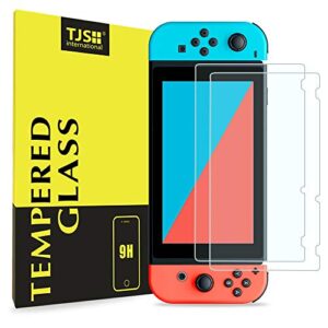 nintendo switch screen protector, tjs [tempered glass] [2-piece] [works while docking] - 0.3mm thickness/bubble free/ultra clear/9h hardness/anti-scratch/shatterproof/anti-fingerprint (clear)