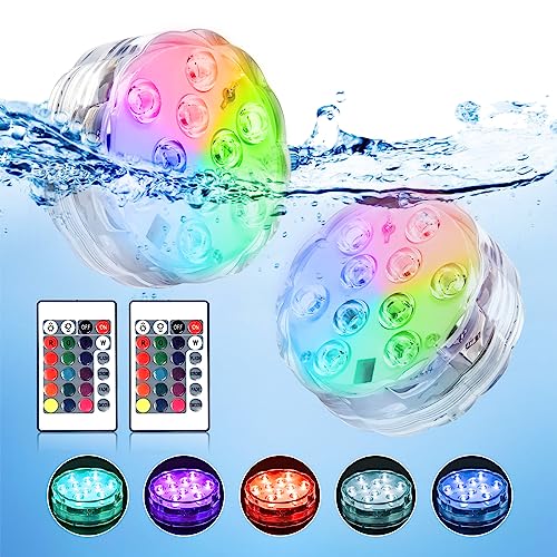 WHATOOK Underwater Submersible LED Lights for Bath tub Waterproof Battery Operated Remote Control Wireless LED Lights for Hot Tub, Pond, Pool, Fountain, Waterfall, Aquarium, Party, Vase Base, 2 Pack