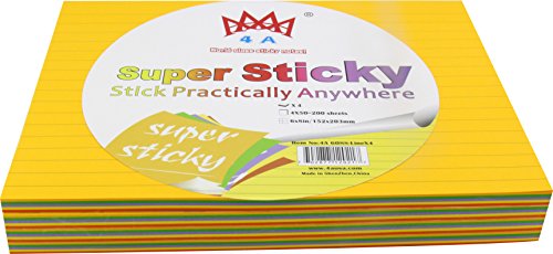 4A Super Sticky,6 x 8 Inches,Extra Bright Color Assorted,Lined,Self-Stick Notes,50 Sheets/Pad,4 Pads/Pack,200 Sheets/Pack,4A 608S-Lx4