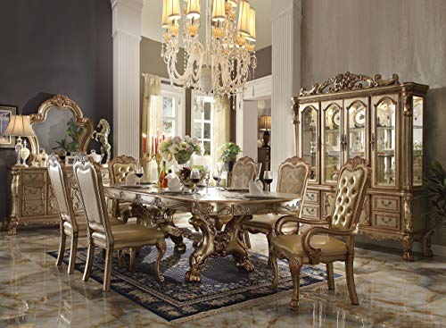 ACME Dresden Dining Table with Trestle Pedestal - - Gold Patina & Bone