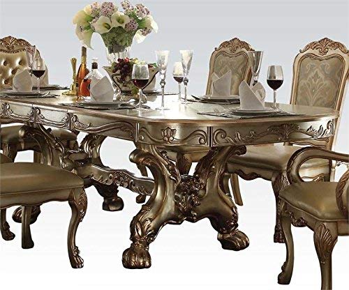ACME Dresden Dining Table with Trestle Pedestal - - Gold Patina & Bone