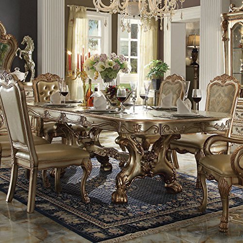 ACME Dresden Dining Table with Trestle Pedestal - - Gold Patina & Bone