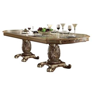 acme vendome dining table w/double pedestal - - gold patina & bone