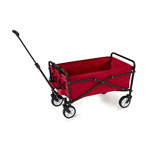 Seina Heavy Duty Steel Compact Collapsible Folding Outdoor Portable Utility Cart Wagon with All Terrain Rubber Wheels and 150 Pound Capacity, Red