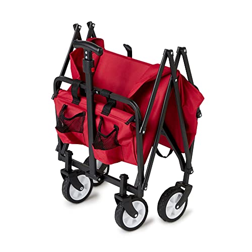 Seina Heavy Duty Steel Compact Collapsible Folding Outdoor Portable Utility Cart Wagon with All Terrain Rubber Wheels and 150 Pound Capacity, Red